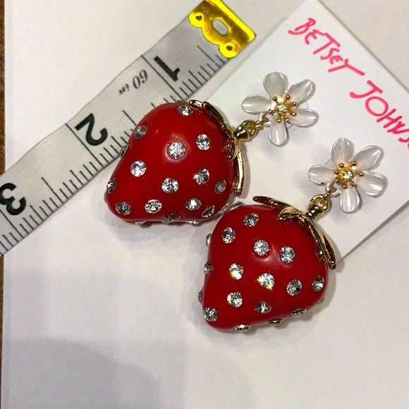 Betsey Johnson Red Strawberry White Flower Dangling Earrings Rhinestone New - Picture 6 of 6